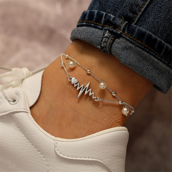 Imitation Pearl & Silvertone Heartbeat Layered Anklet
