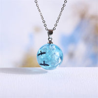 Blue & Silver-Plated Cloud & Bird Round Pendant Necklace