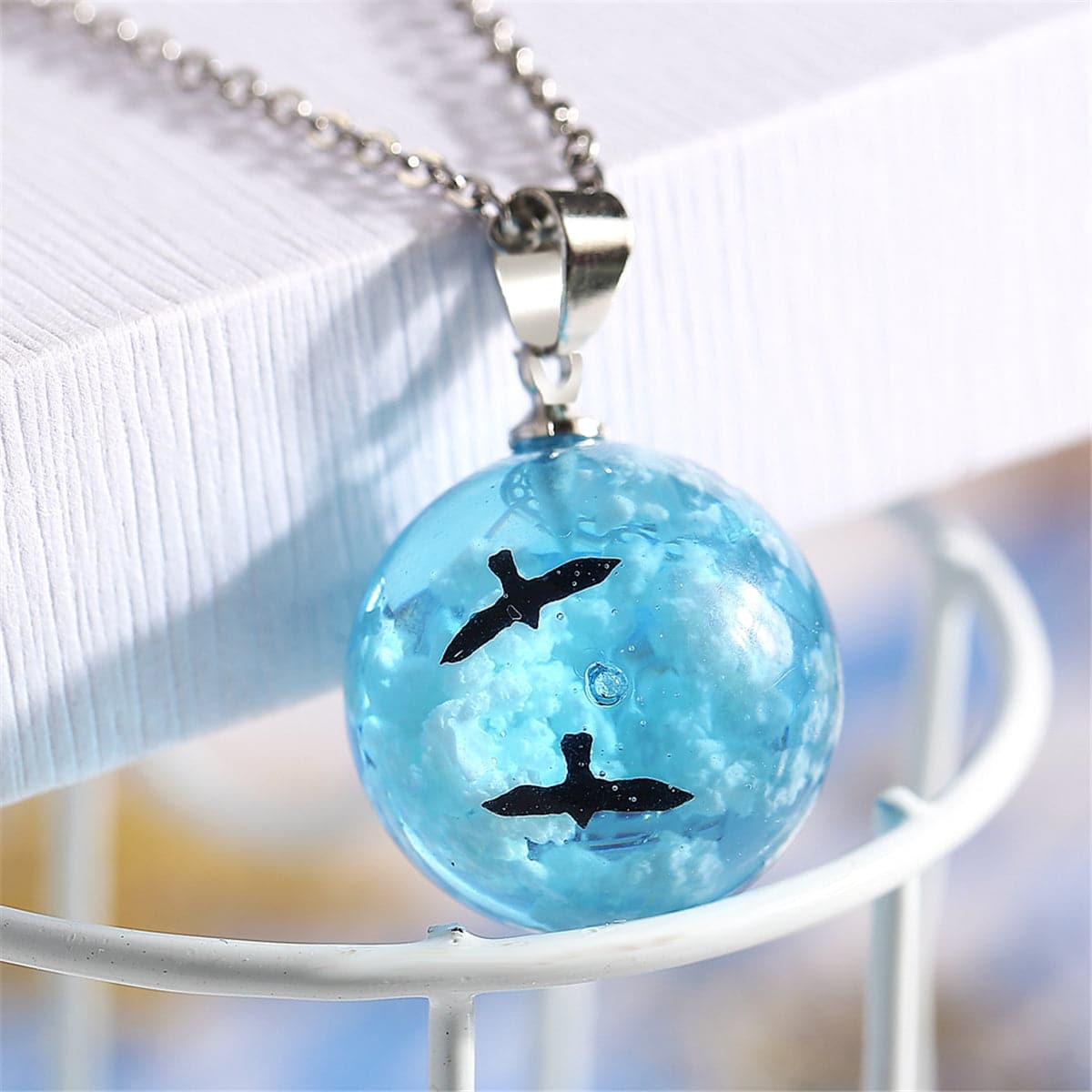 Blue Resin & Silver-Plated Cloud Bird Round Pendant Necklace