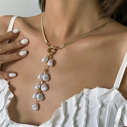 Pearl and 18K Gold-Plated Ear Of Wheat Pendant Necklace, gold pendant necklace for women, vintage-inspired design, side view