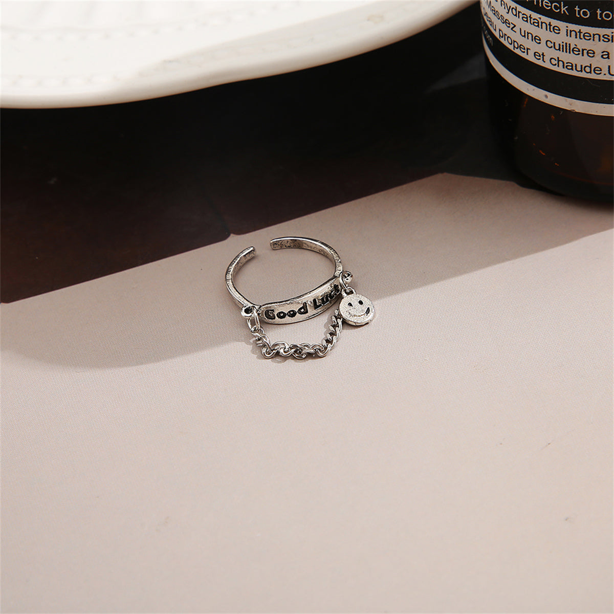 Silver-Plated 'Good Luck' Chain Smiley Ring, silver statement rings for women, dainty minimalist design, side view