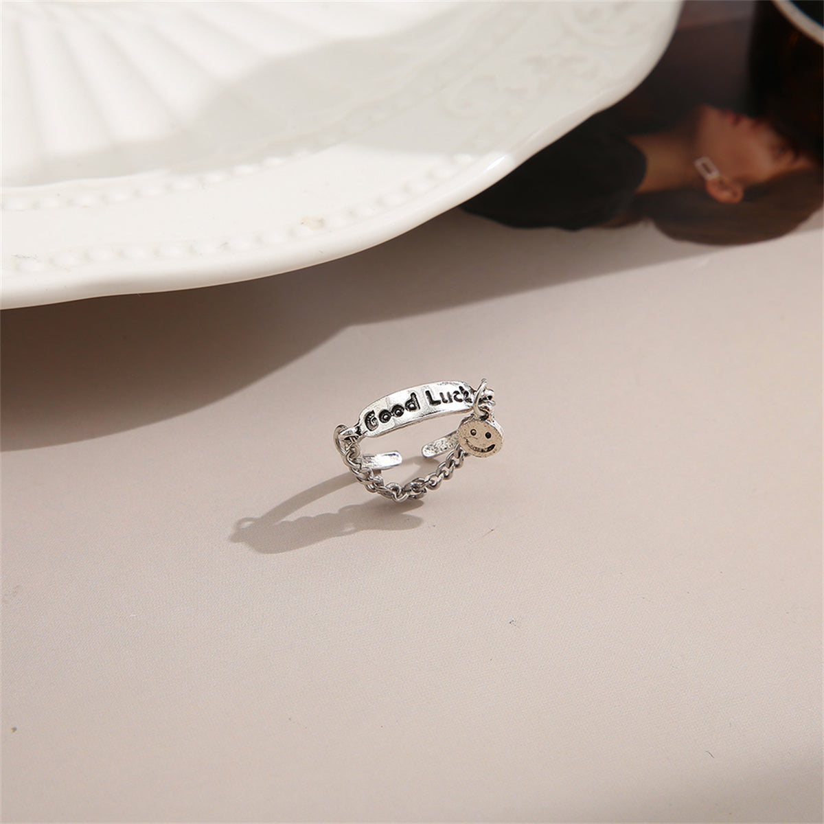 Silver-Plated 'Good Luck' Chain Smiley Ring, silver statement rings for women, dainty minimalist design, detail close-up