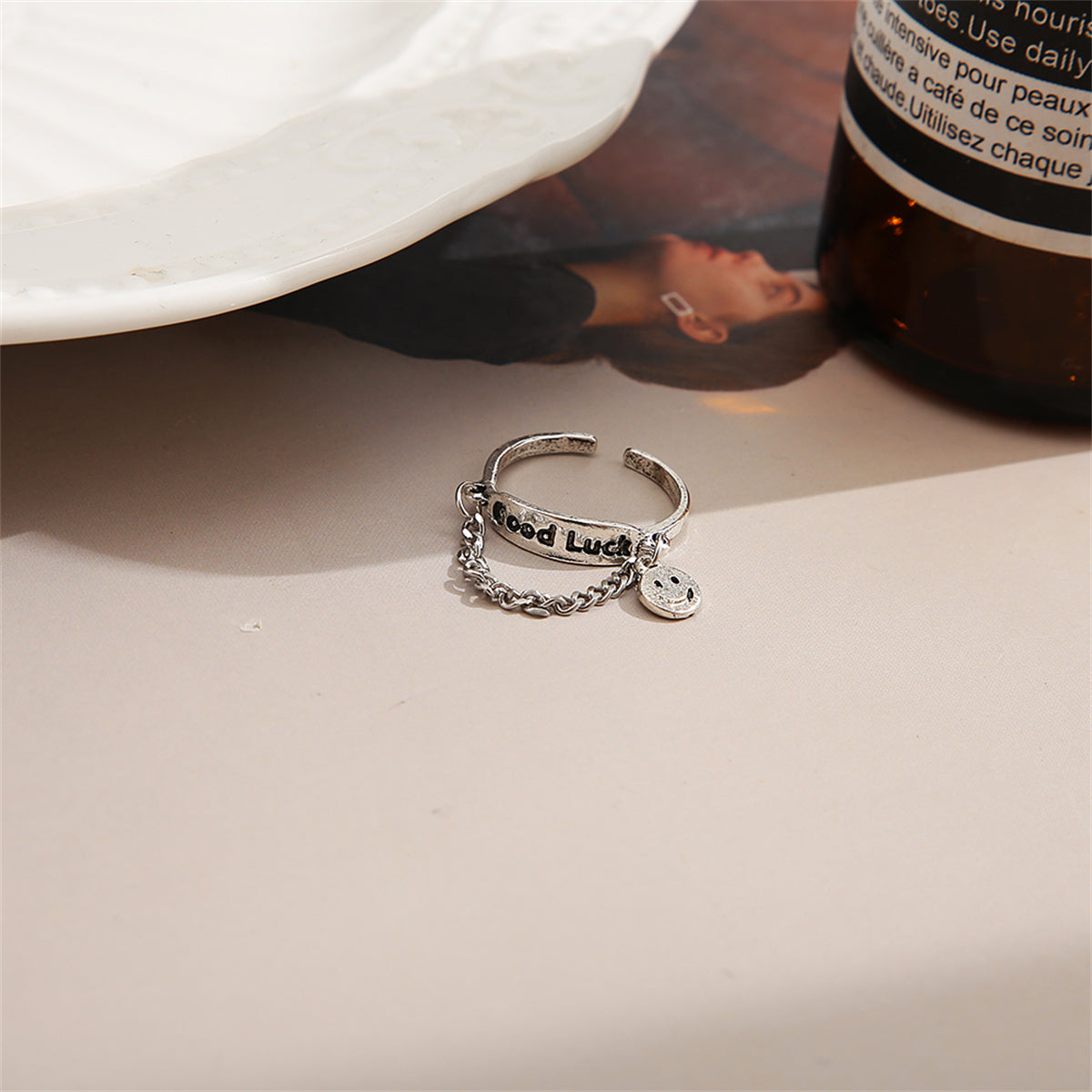 Silver-Plated 'Good Luck' Chain Smiley Ring, silver statement rings for women, dainty minimalist design, lifestyle look