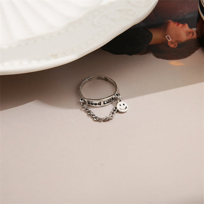 Silver-Plated 'Good Luck' Chain Smiley Ring, silver statement rings for women, dainty minimalist design, styled look