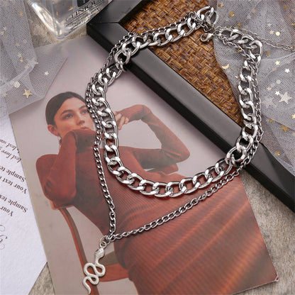 Silver-Plated Figaro Chain Snake Layered Pendant Necklace, silver pendant necklace for women, front view