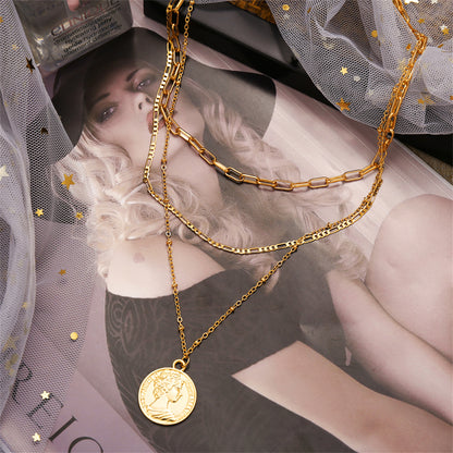 18K Gold-Plated Coin Layered Pendant Necklace, gold pendant necklace for women, elegant gift for her, styled look
