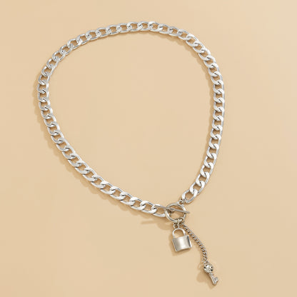 Cubic Zirconia and Silver-Plated Lock Chain Necklace, silver pendant necklace for women, everyday style, side view