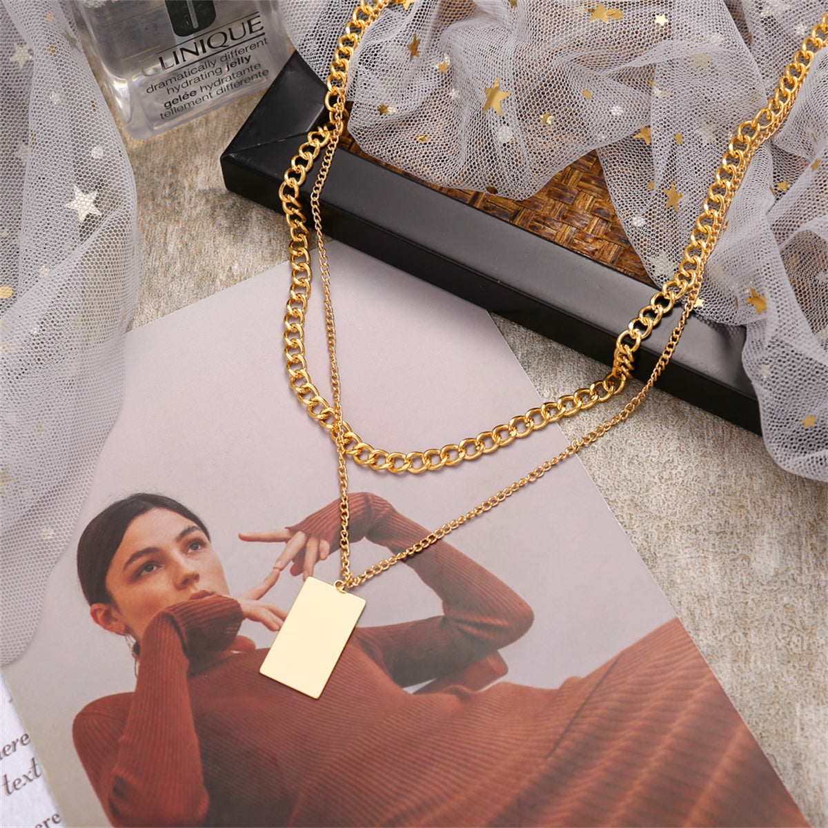 18K Gold-Plated Rectangle Layered Pendant Necklace