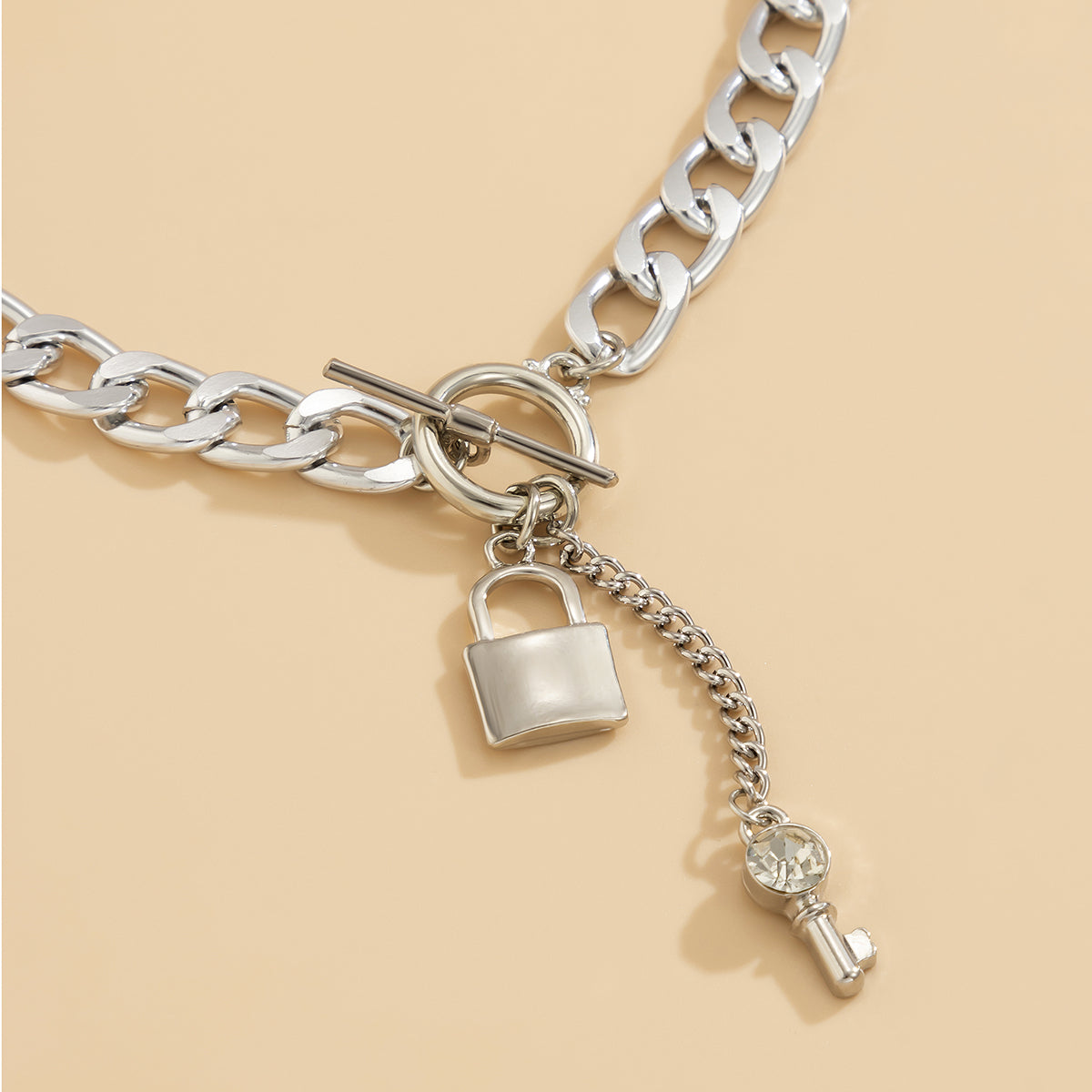 Cubic Zirconia and Silver-Plated Lock Chain Necklace, silver pendant necklace for women, everyday style, lifestyle look