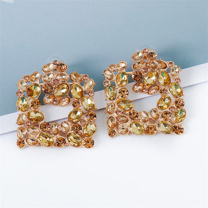 Champagne Crystal and Cubic Zirconia Square Statement Earrings, drop earrings for women, dainty minimalist design, front view