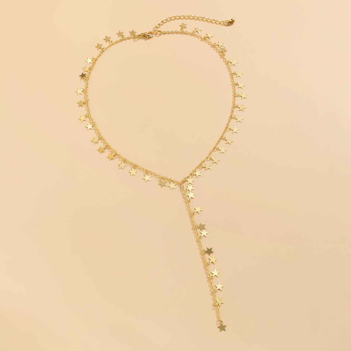 18K Gold-Plated Star Charm Lariat Necklace, gold pendant necklace for women, dainty minimalist design, detail close-up