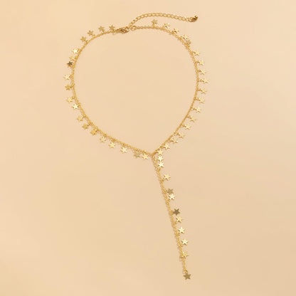 18K Gold-Plated Star Charm Lariat Necklace, gold pendant necklace for women, dainty minimalist design, detail close-up
