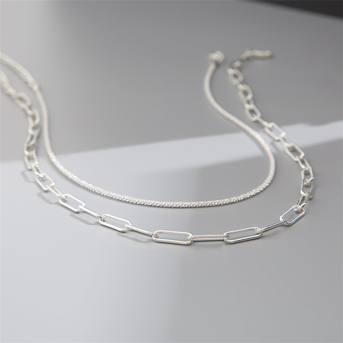 Silver-Plated Chain Necklace and Paperclip Cable Chain Necklace, jewelry gift sets for women, detail close-up