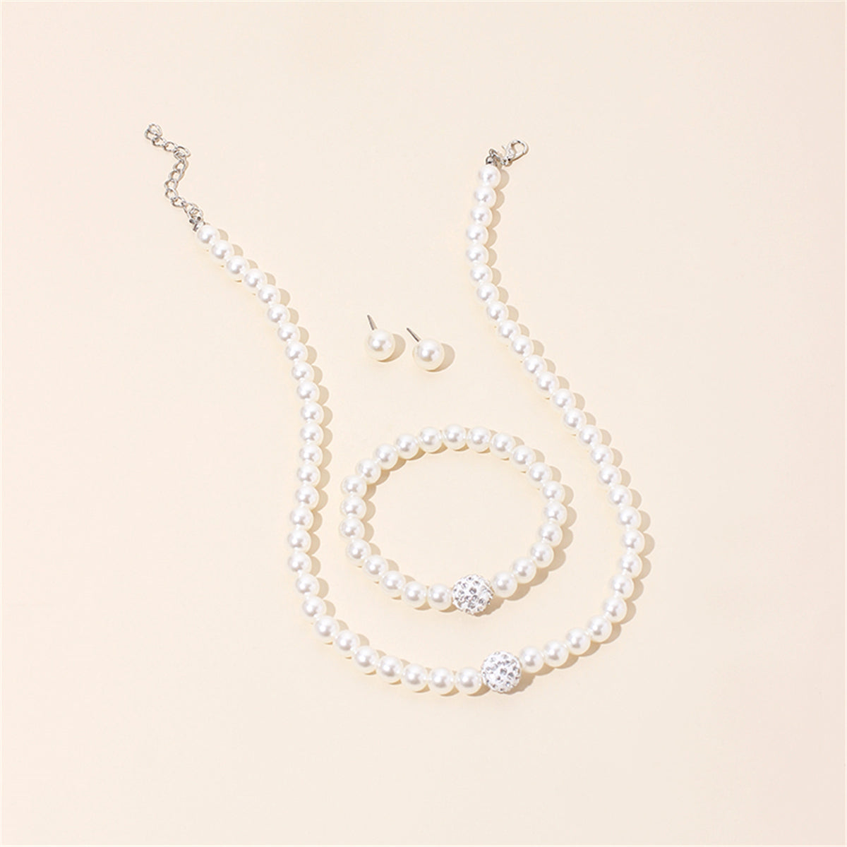 Pearl and Cubic Zirconia Silver-Plated Beaded Necklace Set, silver stud earrings for women, everyday style, styled look