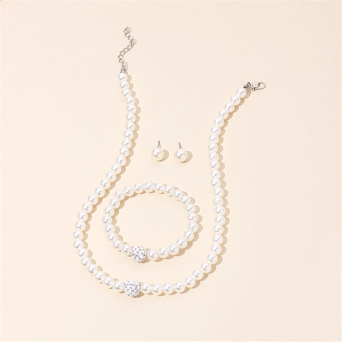 Pearl and Cubic Zirconia Silver-Plated Beaded Necklace Set, silver stud earrings for women, everyday style, side view