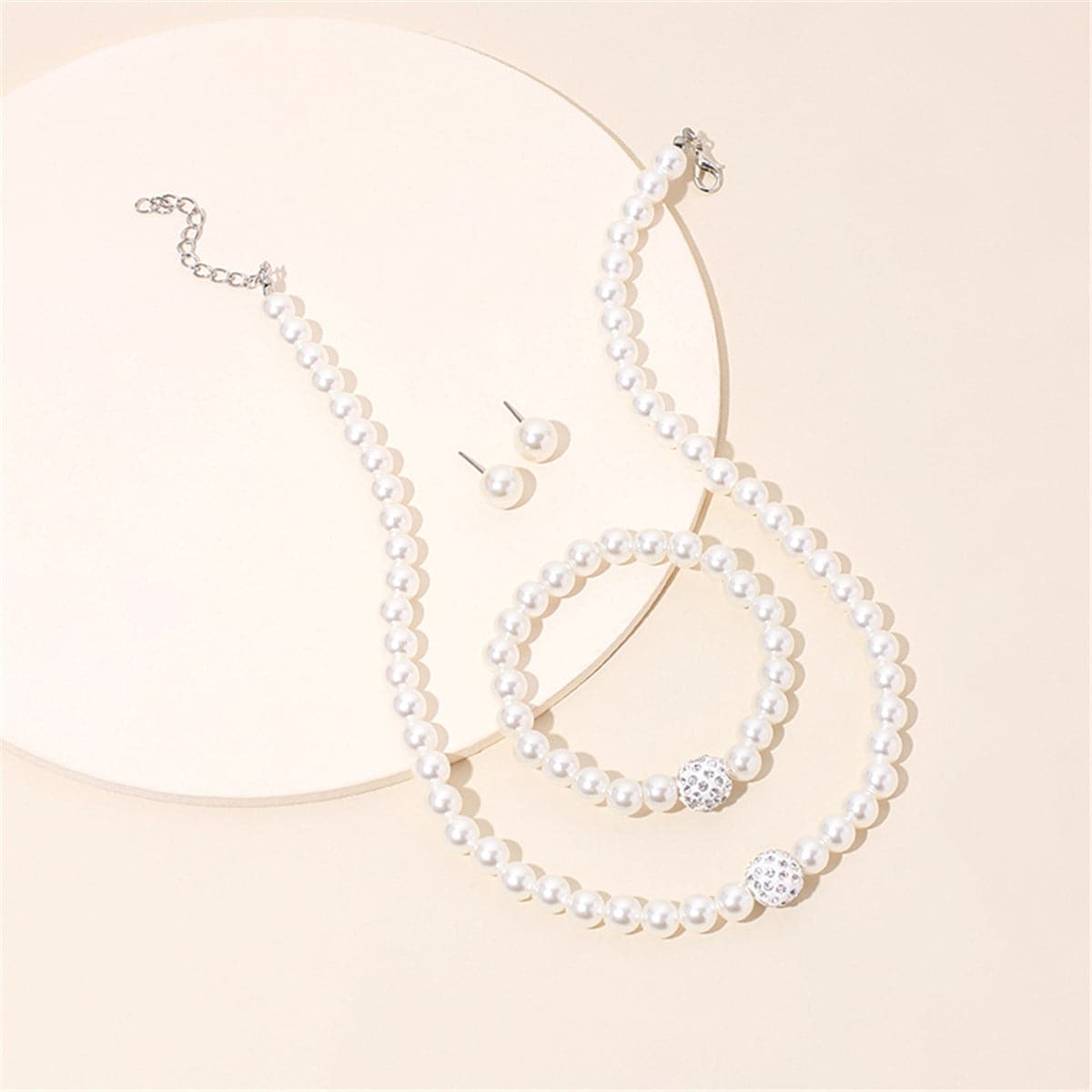 Pearl and Cubic Zirconia Silver-Plated Beaded Necklace Set, silver stud earrings for women, everyday style, front view