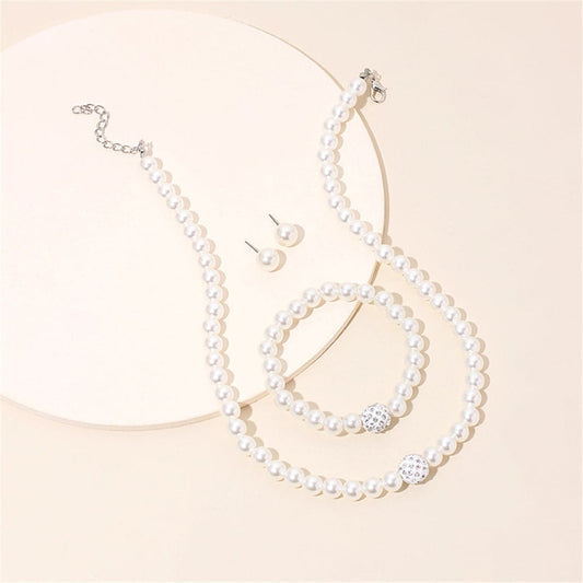 Pearl and Cubic Zirconia Silver-Plated Beaded Necklace Set, silver stud earrings for women, front view