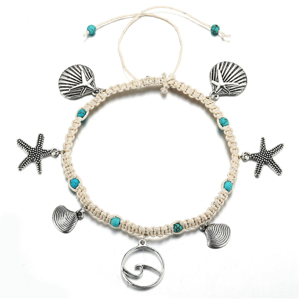 Turquoise & Silver-Plated Ocean Lives Charm Anklet