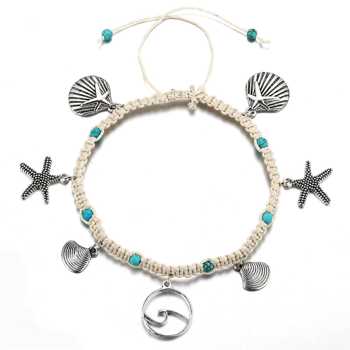 Turquoise & Silver-Plated Ocean Lives Charm Anklet