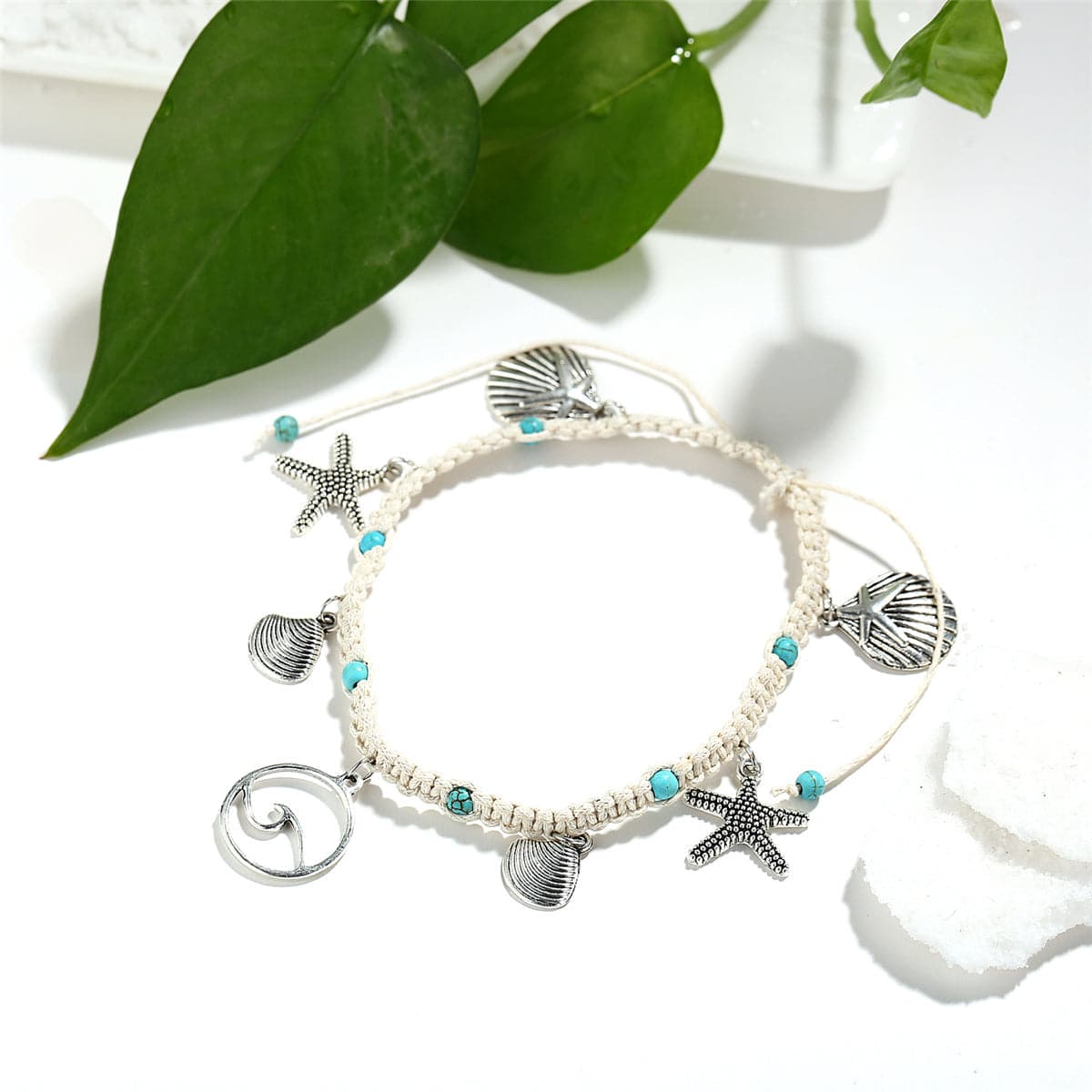 Turquoise & Silver-Plated Ocean Lives Charm Anklet