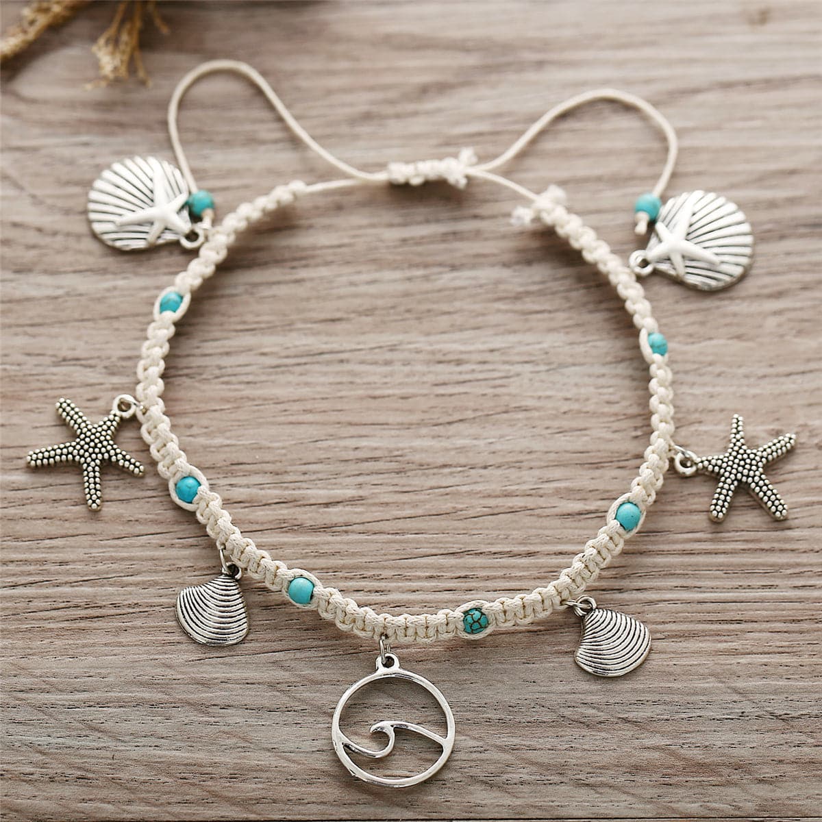Turquoise & Silver-Plated Ocean Lives Charm Anklet