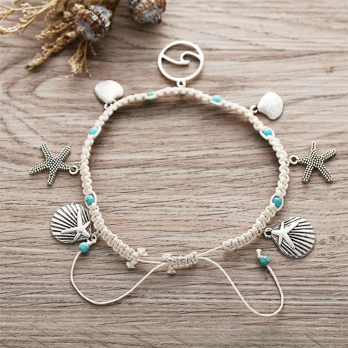 Turquoise & Silver-Plated Ocean Lives Charm Anklet