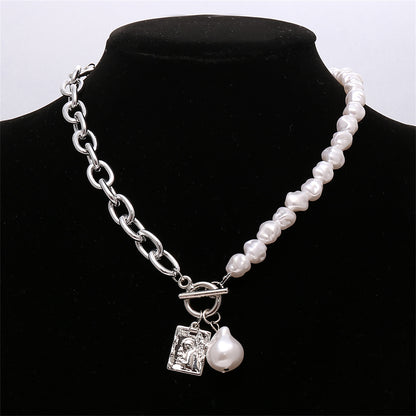 Pearl and Silver-Plated Chain Toggle Necklace, silver pendant necklace for women, elegant gift for her, lifestyle look