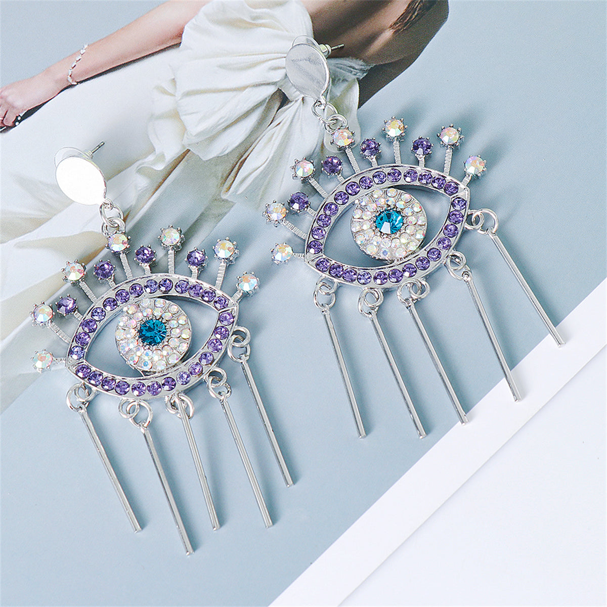 Cubic Zirconia & Silver-Plated Evil Eye Drop Earring
