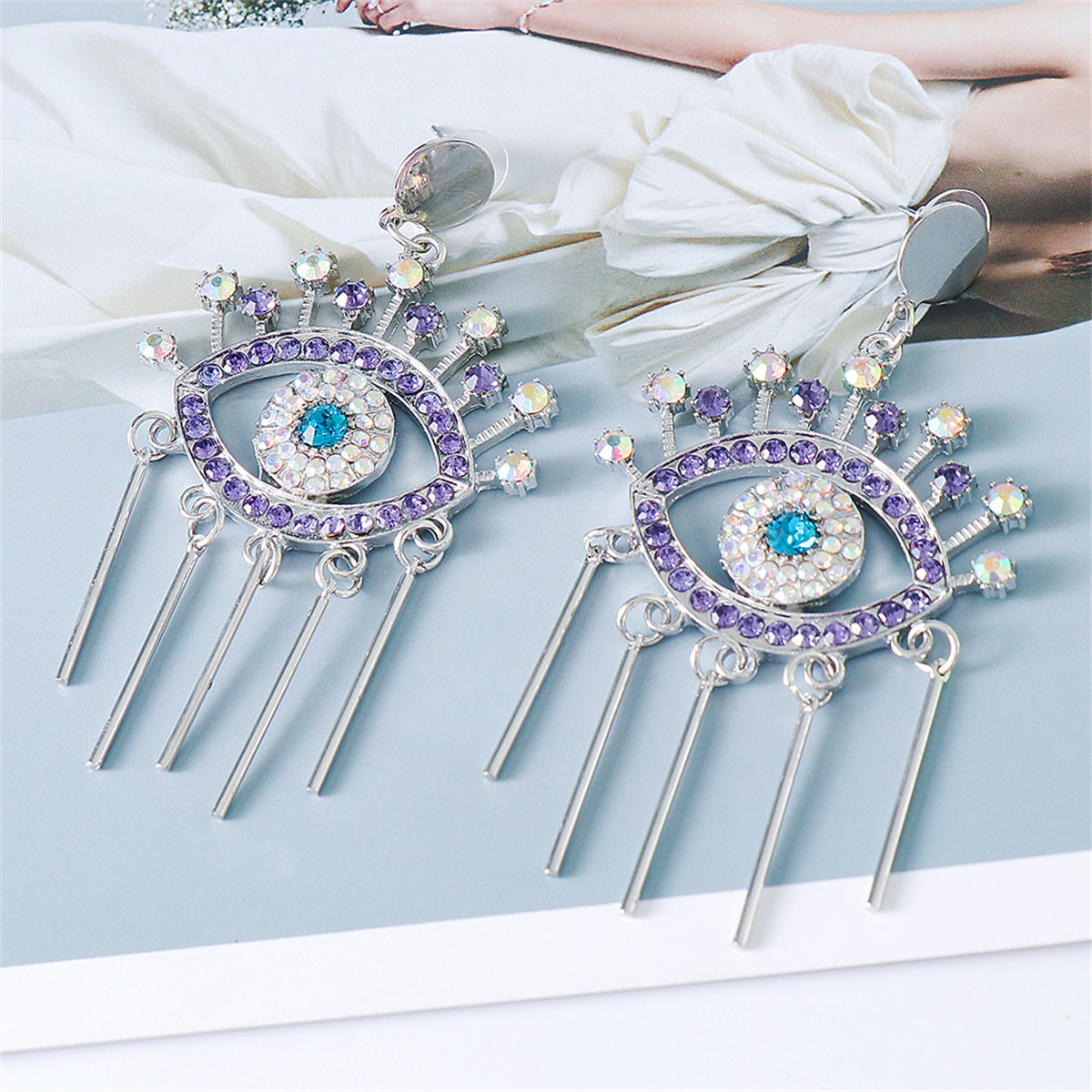 Cubic Zirconia & Silver-Plated Evil Eye Drop Earring