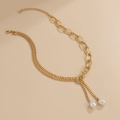 Pearl & 18K Gold-Plated Asymmetrical Chain Lariat Necklace