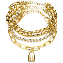 Cubic Zirconia & 18K Gold-Plated Cable Chain Lock Anklet Set