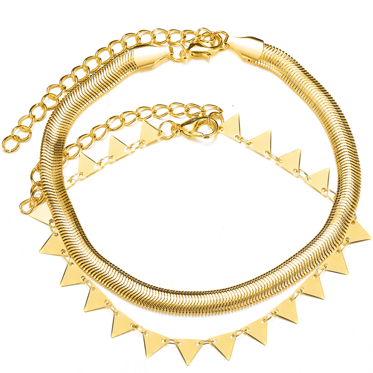 18K Gold-Plated Snake Chain and Triangle Station Anklet Set, jewelry gift sets for women, everyday style, detail close-up