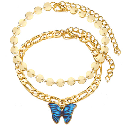 Enamel and 18K Gold-Plated Butterfly Anklet Set, jewelry gift sets for women, botanical inspired, side view