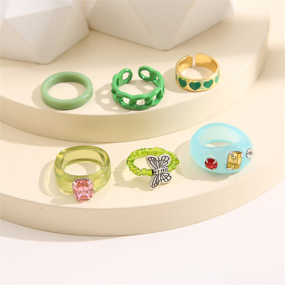 Green Enamel & Resin Two Tone Butterfly Beaded Stretch Ring Set