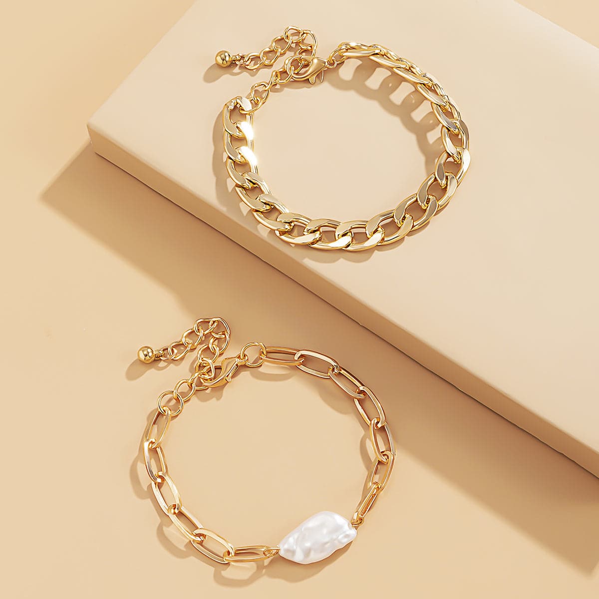 Pearl & 18K Gold-Plated Curb Chain Bracelet Set
