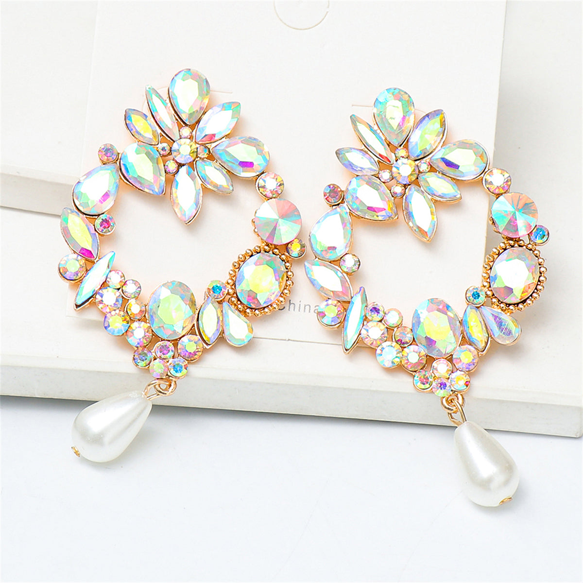 Light Colored Crystal and Cubic Zirconia Pearl Botany Drop Earrings, drop earrings for women, everyday style, detail close-up