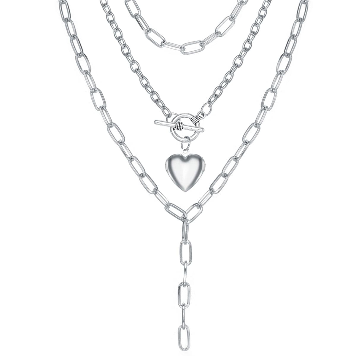 Silver-Plated Heart Toggle Layered Lariat Necklace, silver pendant necklace for women, everyday style, front view