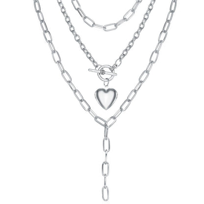 Silver-Plated Heart Toggle Layered Lariat Necklace, silver pendant necklace for women, everyday style, front view
