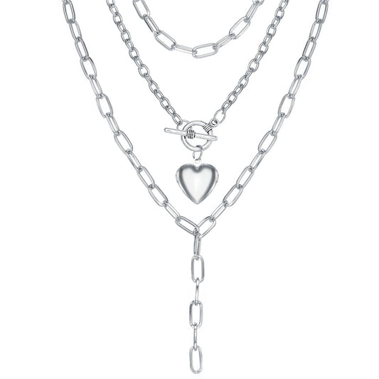 Silver-Plated Heart Toggle Layered Lariat Necklace, silver pendant necklace for women, vintage-inspired design, front view