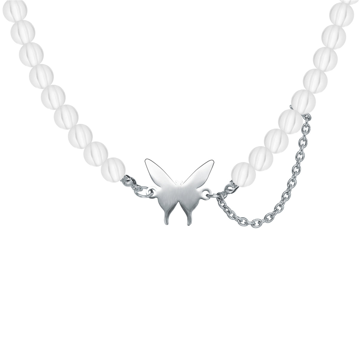 Acrylic and Silver-Plated Chain-Accent Butterfly Beaded Choker Necklace, silver pendant necklace for women, side view