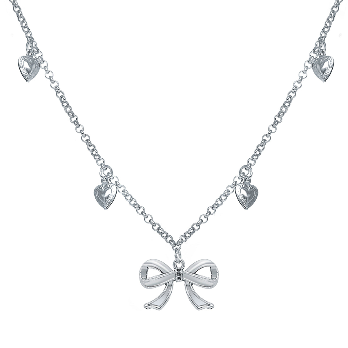 Silver-Plated Bow Heart Station Necklace, silver pendant necklace for women, elegant gift for her, side view