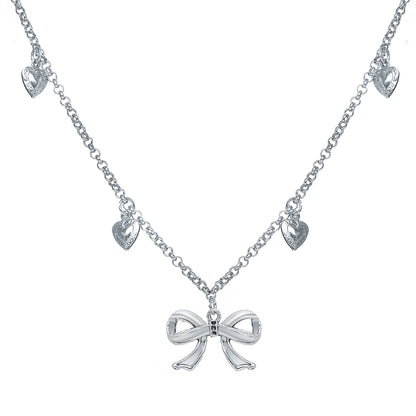 Silver-Plated Bow Heart Station Necklace, silver pendant necklace for women, elegant gift for her, side view