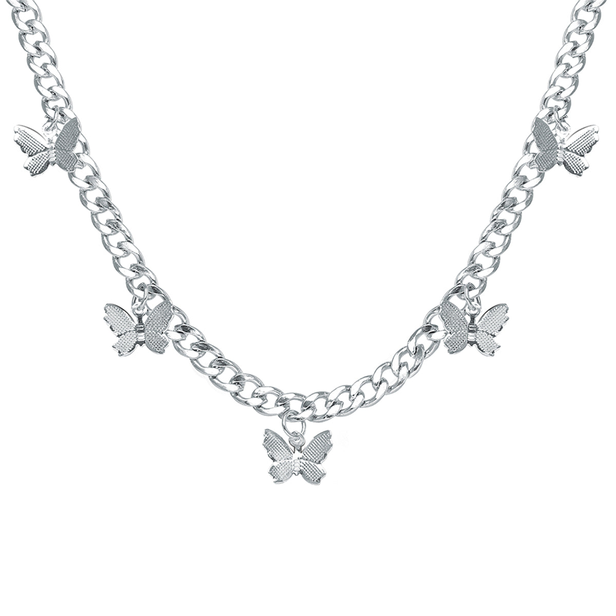 Silver-Plated Curb Chain Butterfly Station Choker Necklace, silver pendant necklace for women, side view