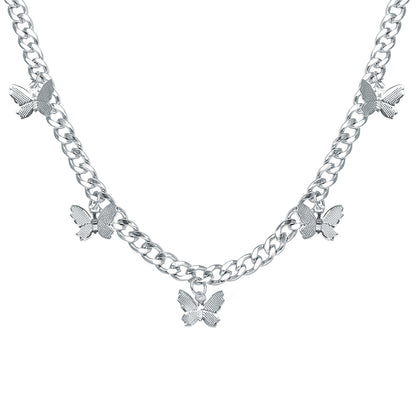 Silver-Plated Curb Chain Butterfly Station Choker Necklace, silver pendant necklace for women, side view