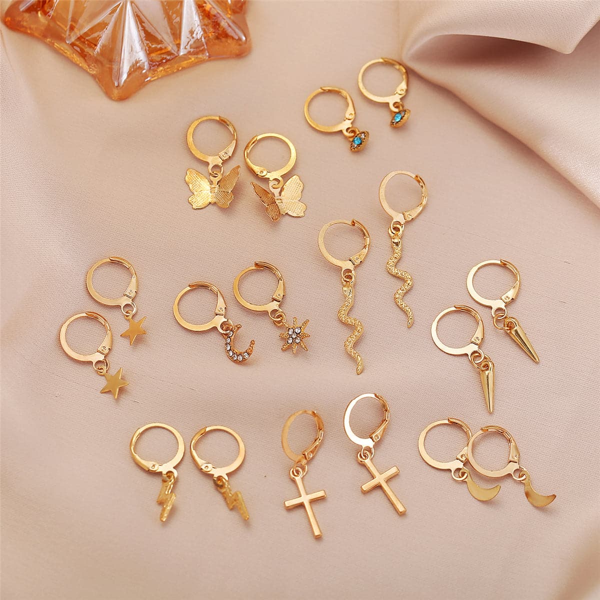 Cubic Zirconia and 18K Gold-Plated Celestial Drop Earring Set, gold drop earrings for women, side view