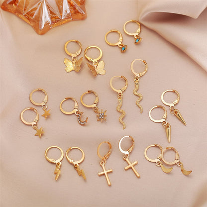 Cubic Zirconia and 18K Gold-Plated Celestial Drop Earring Set, gold drop earrings for women, side view
