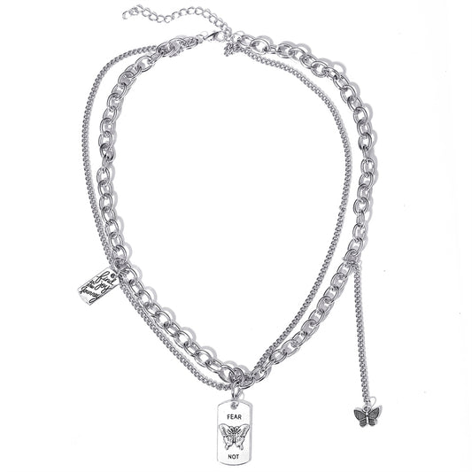 Silver-Plated Butterfly 'Change' Layered Pendant Necklace, silver pendant necklace for women, front view