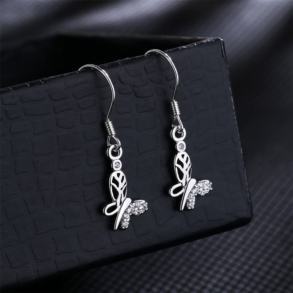 Cubic Zirconia & Silver-Plated Open Butterfly Dangle Earring