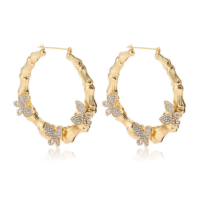 Cubic Zirconia and 18K Gold-Plated Butterfly Bamboo Hoop Earrings, botanical inspired, side view