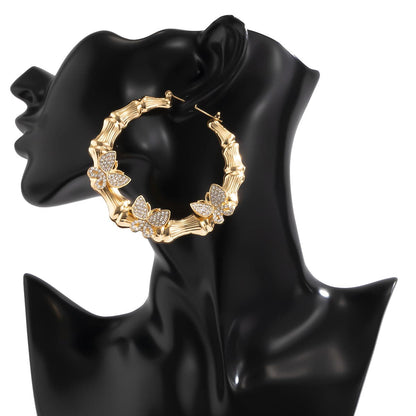 Cubic Zirconia & 18K Gold-Plated Butterfly Bamboo Hoop Earrings